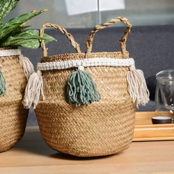 Tassel Pendant Seagrass Basket Storage Woven Gift Basket Small Size Laundry Basket Plant Storage for Decoration