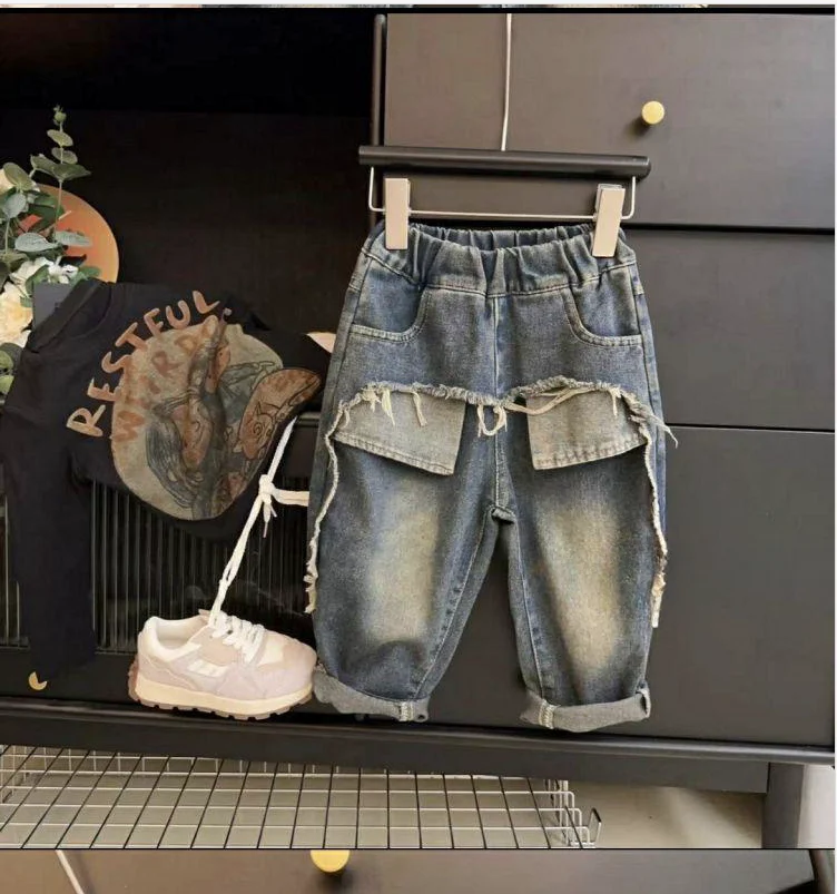 Children\'s Jeans Spring and Autumn Loose Boys and Girls Casual Straight Loose Pants Handsome Baby Outwear Pants