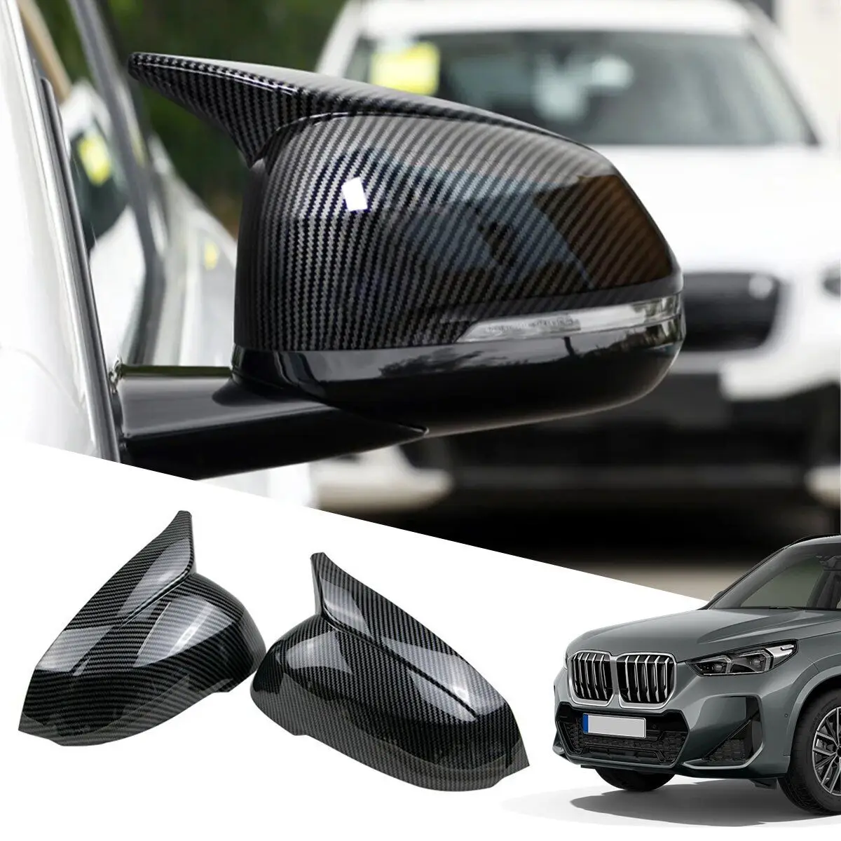 

2PCS Carbon Fiber Side Mirror Cover Caps For BMW X1 U11 U12 2023 2024 Add On Side Rear View Mirror Cap Cover Car Accessories