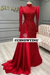 Luxury Mermaid Long Sleeve Muslim Evening Dresses Satin Beaded Islamic Formal Party Gown High Neck Arabic Kaftan Robes De Soirée