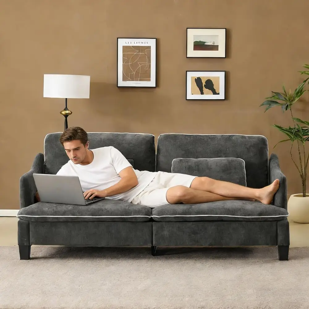 

84-дюймовый диван-софа из льняного велюра, двухместный, с декоративной окантовкой, съемным чехлом и 2 декоративными подушками, мягкая обивка.