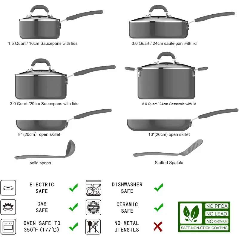 Imagem -02 - Conjunto de Panelas de Cerâmica Antiaderente Panelas Cinzentas Panelas e Utensílios Amazon Basics 12 Pcs