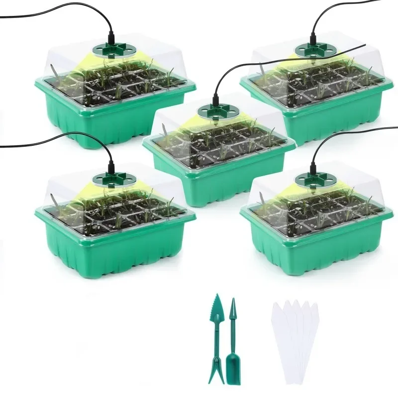 5PCS Seed Starter Tray Box with LED Grow Light Nursery Pot Seedling Germination Planter Adjustable Ventilation Humidity 12Cell