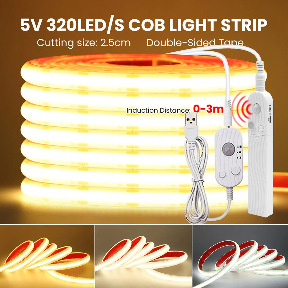 IP68 방수 COB Led 스트립 라이트 모션 센서 5V 배터리 USB 전원 자동 ON/OFF 캐비닛 주방 계단 라이너 조명