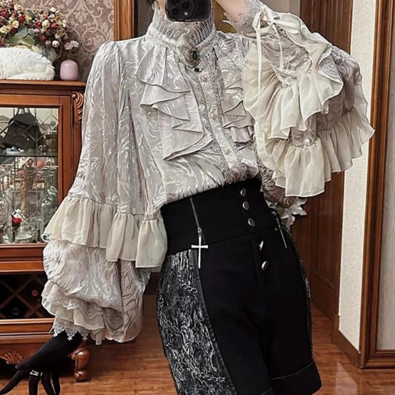 Gothic Lolita Shirt Women Autumn Winter Fashion Elegant Loose Batwling Sleeves Lace-up Heavy Industry Blouses Vintage Top Mujer