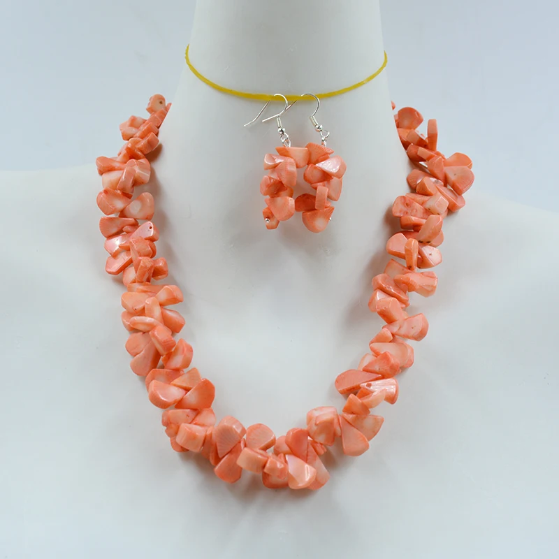 

Natural irregular melon seed shaped coral necklace earring set. Bridal Wedding Jewelry 20”