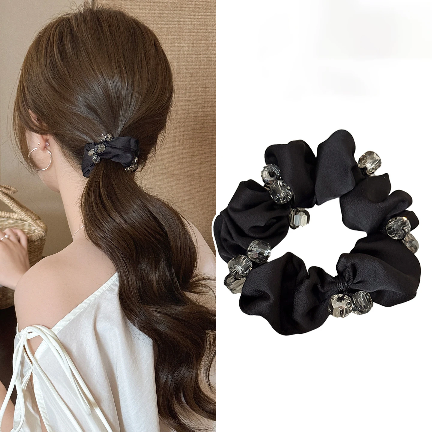 

Women's Hair Scrunchies Korean Black Rhinestone Sweet Gentle Fashion Versatile Hair Bands Hair Hoops High-quality Hair Accessory