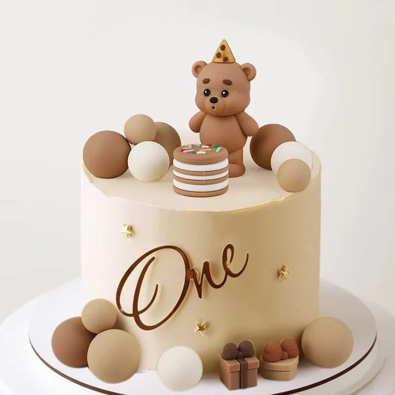1 Stück Niedliches Bären-Kuchendekorations-Set mit Mini-Ballon Geschenkbox für Baby 1. Geburtstag Party Tortendekoration Zubehör – Detail 3