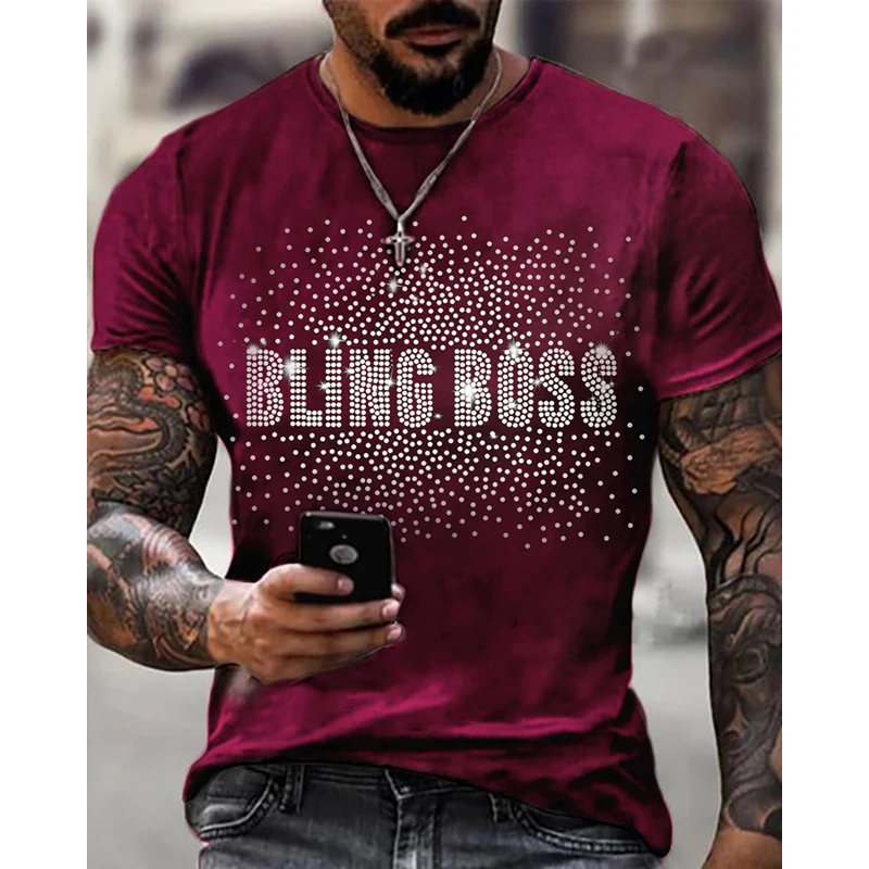 Men\'s Clothing High Quality Fashion Oversized Tee y2k Boss Rhinestone Designer Short Sleeve Top Party Casual Street T-Shirts New