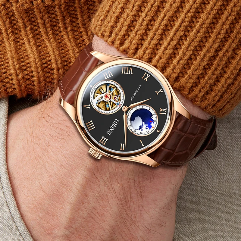 LOBNIN Top Brand Mens Automatic Mechanical Watches New Dress Men Watch Advanced Seagull Movement Skeleton Watches