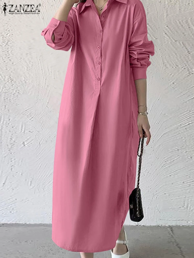 Zanzea feminino casual midi camisa 2025 outono solto turn-down colarinho manga longa meio botões vestido de cor sólida 3 cores S-3XL