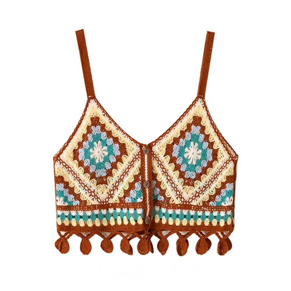 

Granny Square Crochet Knit Vest Top Boho Fringed Strappy Crop Cami for Women Teengirl Summer Vacation Beach Wear