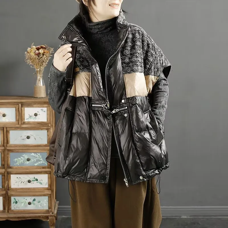 

Duck Down Vest for Women Fashionable Stand Up Collar Contrasting Color Splicing Loose 90% White New Product Winter Women Jacket