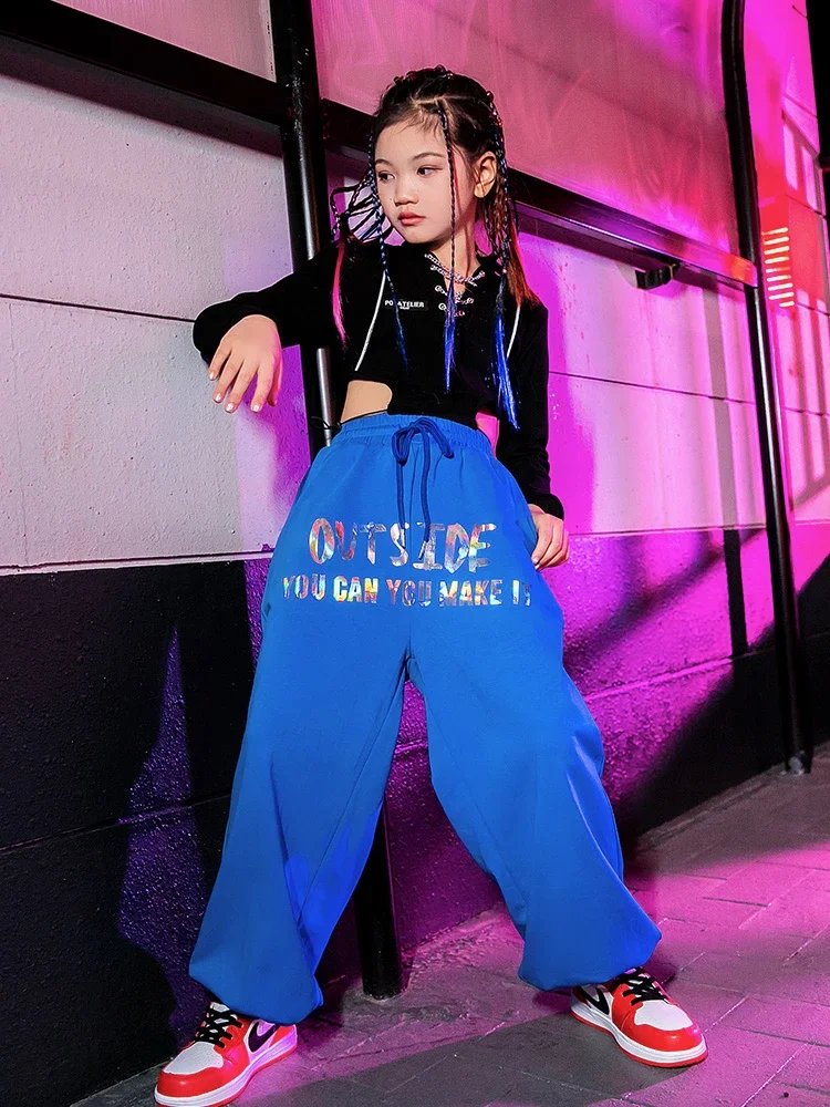 ジャズダンス衣装、子供用ストリートダンスヒップホップパンツセット、女の子用パフォーマンストレンディ服