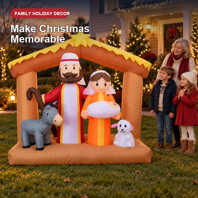 6FT Christmas Inflatable Nativity Scene Outdoor Decoration Holy Family Donkey Lamb with LED Lights Blow Up Yard Garden Lawn Decor Inflatable Toys for Kids USA Stock Fast Shipping Xmas Holiday Party Prop Indoor Outdoor Lighted Display New 2026 Religious