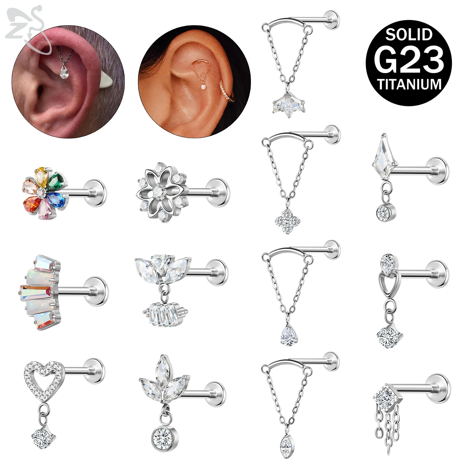 

ZS 1 Piece G23 Titanium Thread Lip Labret Piercing Punk Tassel CZ Crystal Drop Ear Studs Cartilage Helix Piercings Earrings Gift