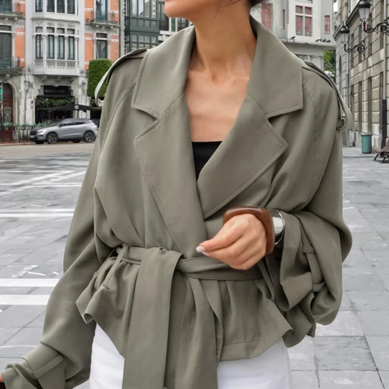

Elegant Large Lapel Tie Coat Spring Autumn For Women's Fashion Lazy Style Dark Green Casual Versatile Trench Short Style Coat