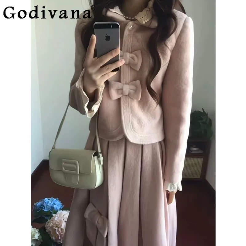

Sweet Cute Girl Gentle Pink Woolen Suit Japanese Style Winter Warm Bow High-end Versatile Two-piece Set
