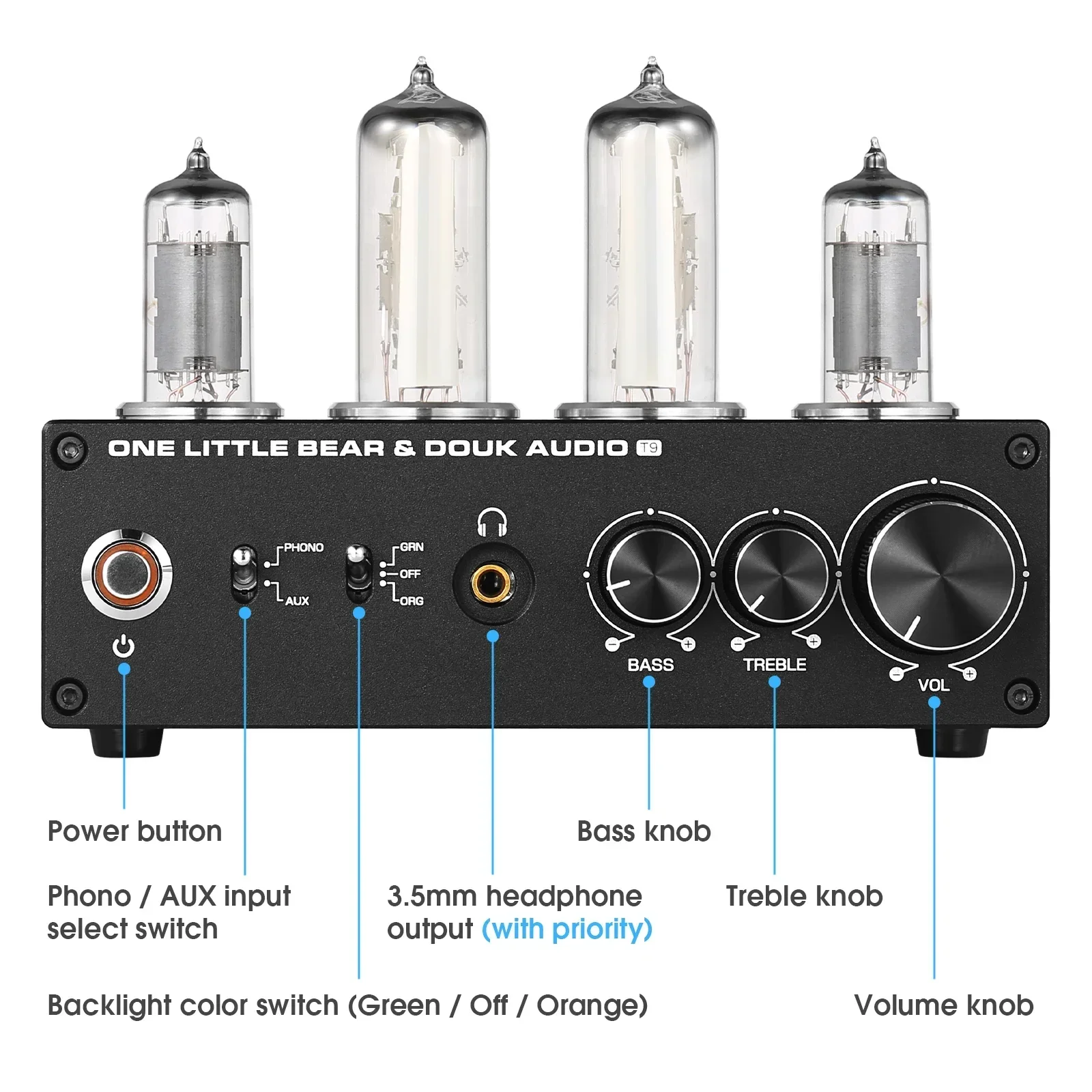 Douk Audio T9 HiFi Magic Eye 6E2 Vacuum Tube Stereo Preamp MM/MC Phono Stage for Home Turntables Amp