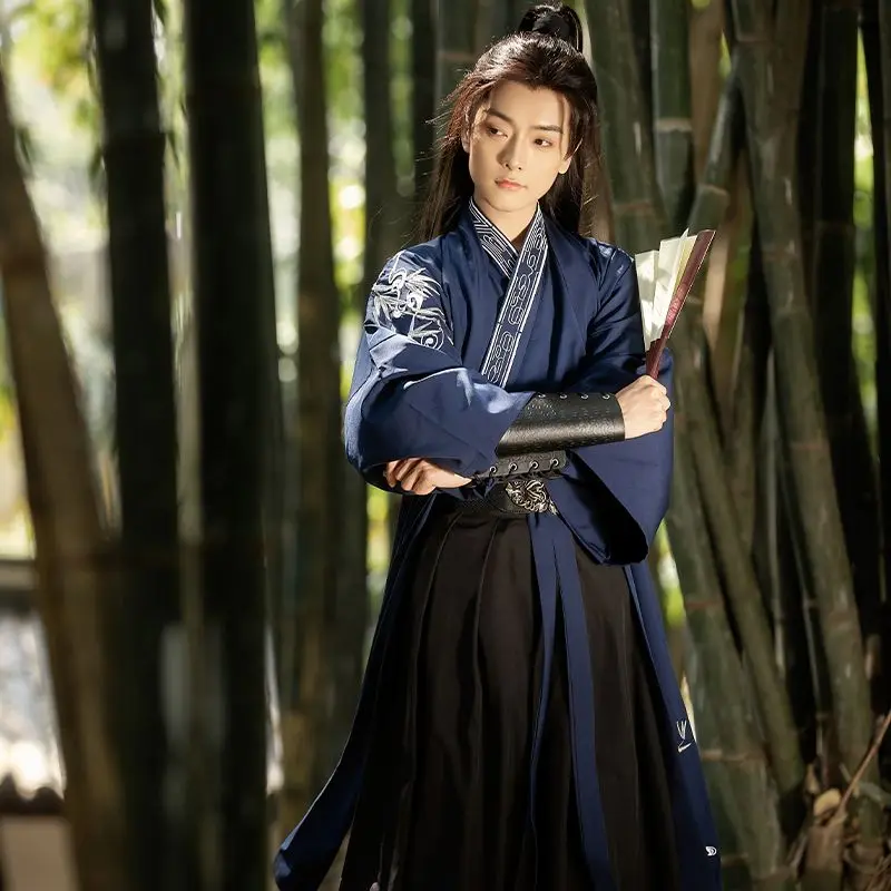 Conjunto de Hanfu chino tradicional para hombre, disfraz de Cosplay de Halloween, Hanfu negro antiguo, estampado Vintage, talla grande 2XL