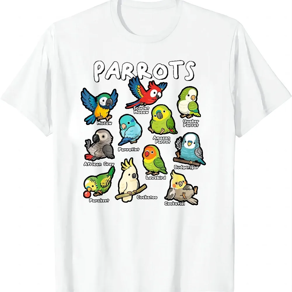 Parrots Bird Guide Different Parrot Species of The World Pet T-Shirt Y2k Funny Graphic Tee Camisas Streetwear