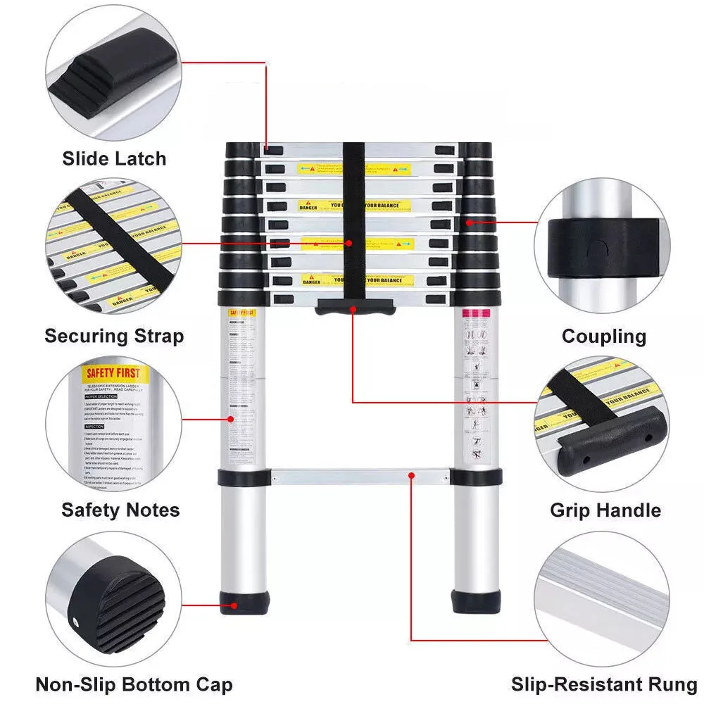 Portable 2.6 Meter Aluminium Telescopic Ladder Extension Extendable 9 Steps Non-Slip Securing Bolt Loft Roof Working