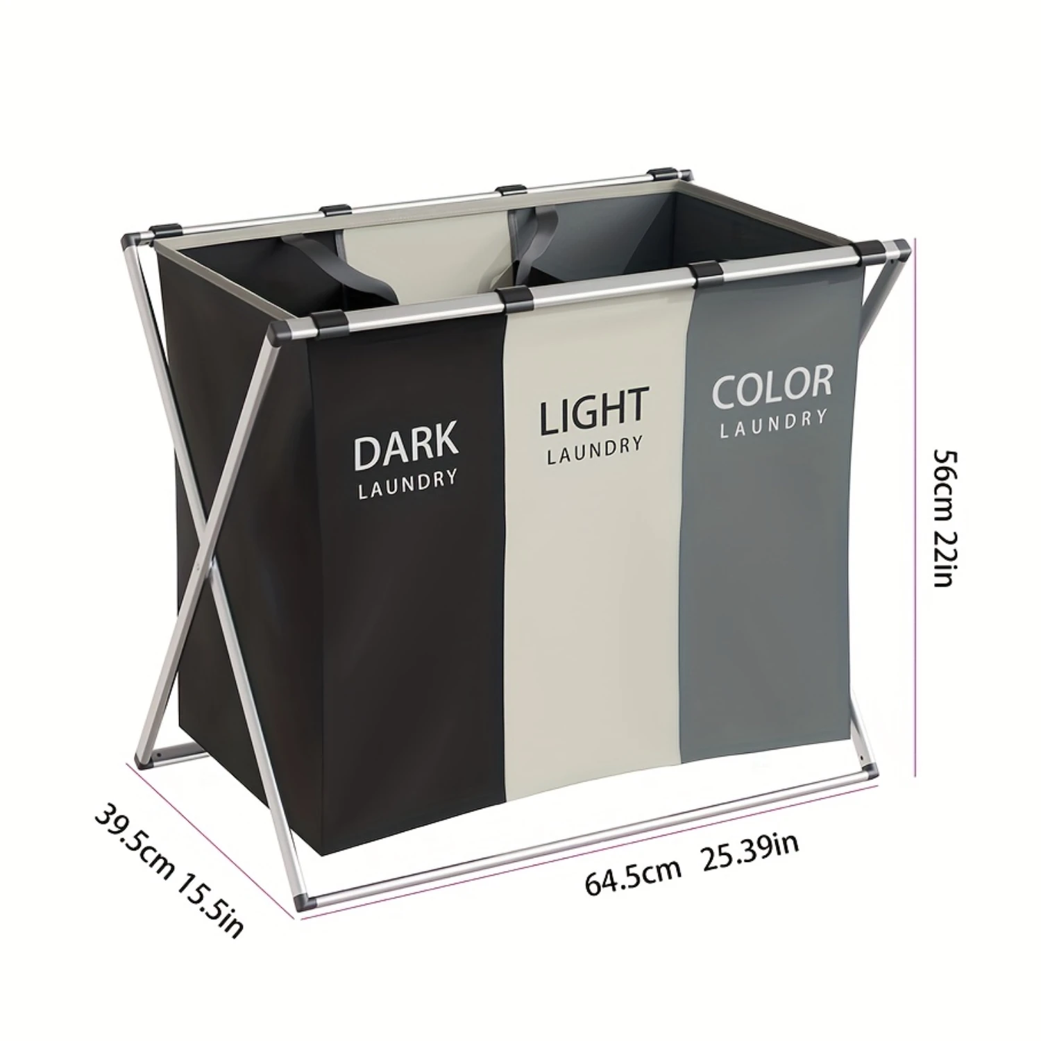 Foldable Laundry Cloth Hamper Sorter Basket Bin with Aluminum Frame, featuring 3 Sections for easy sorting of clean and dirty cl