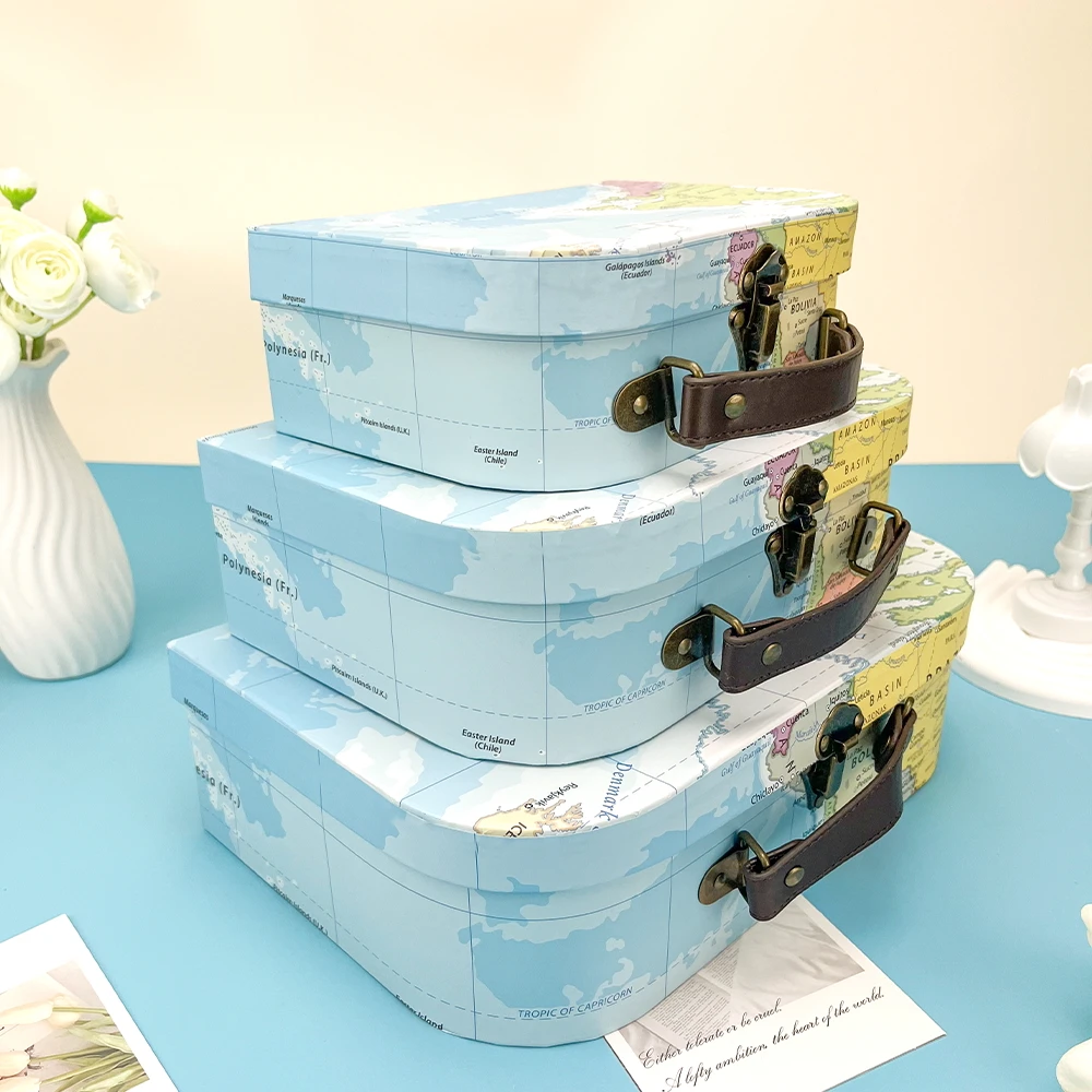 3pcs World Map Storage Suitcase Boxes with Leather Handles and Latches Multi Size Organizer for Office Home Decor Christmas