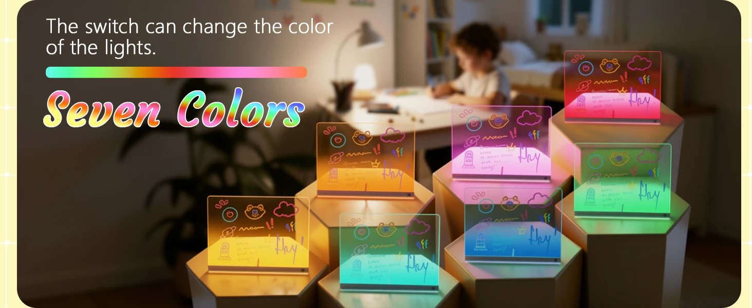 LED-Zeichenbrett mit 7 Farben & 3 Lichtmodi, Löschbare Notiztafel Inklusive Ständer, 7 Marker, Perfekt für Feiertage und Geburtstage – Detail 3