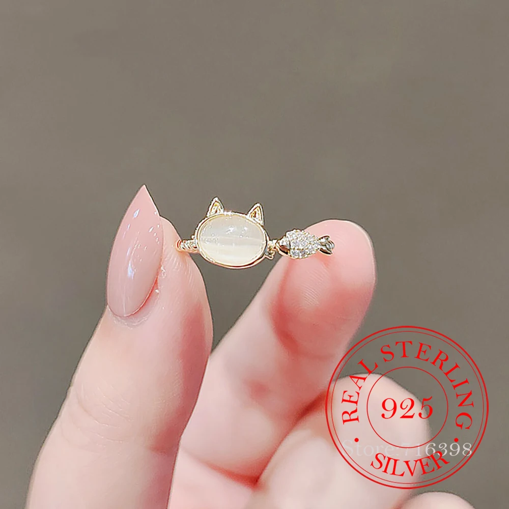 

925 Sterling Silver Jewelry Luxury Crystal Cute Kitten Fish Finger Rings for Women Wedding Party Jewelry For Girls Friend Gift