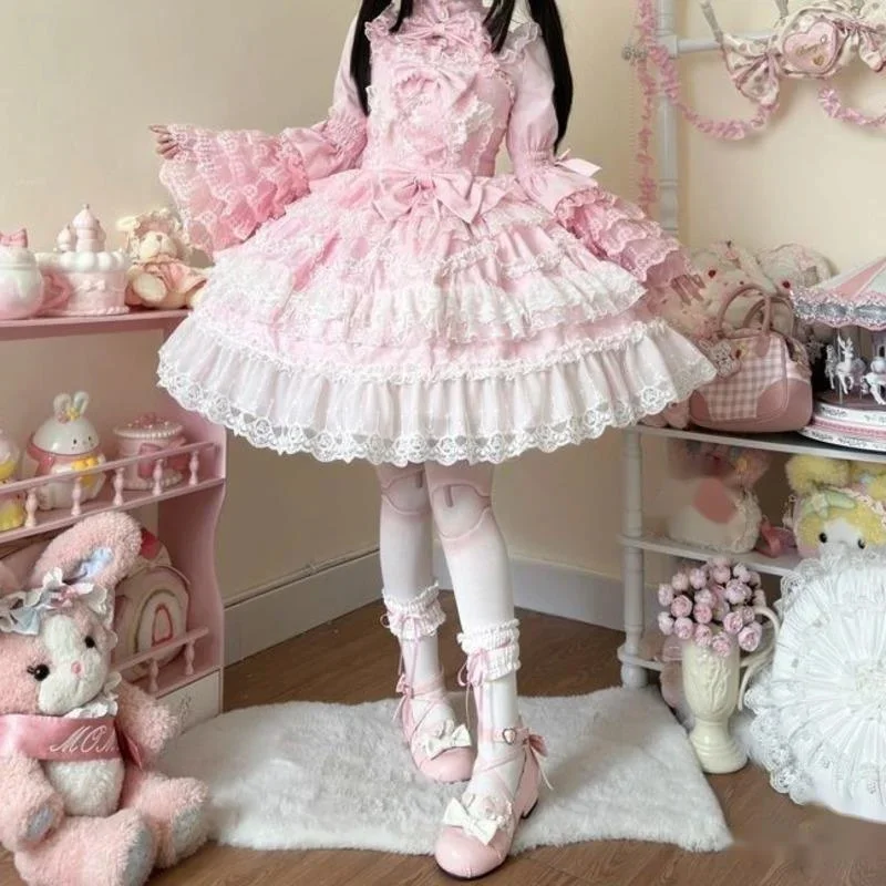 Bow Gothic Dresses Y2K Lolita JK Women Suspender Ruffle Edge Dress Twin Black Red Blue Dark A-line Long Sleeved Suspender Dress
