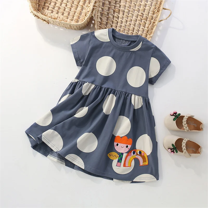 점프 미터 3-8T 코튼 도트 자수 여름 공주 소녀 드레스 파티 생일 Frocks 어린이 의상 아기 드레스