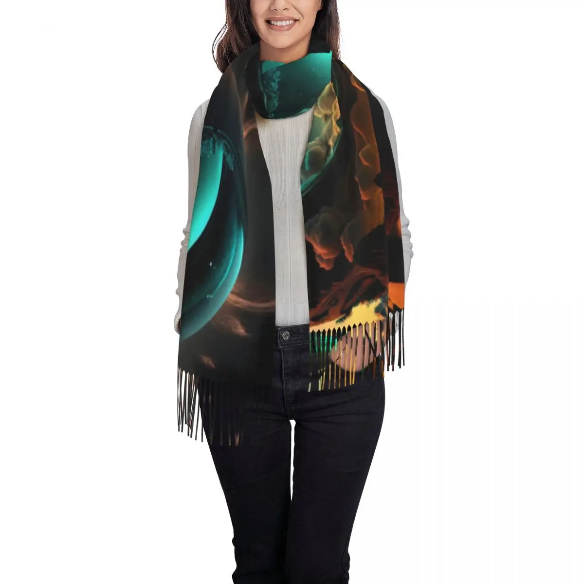 Unisex Scarf Warm Soft Desert Sun Headwear Scarves with Long Tassel Abstract Art Print Popular Shawls Wrpas Autumn Bandana