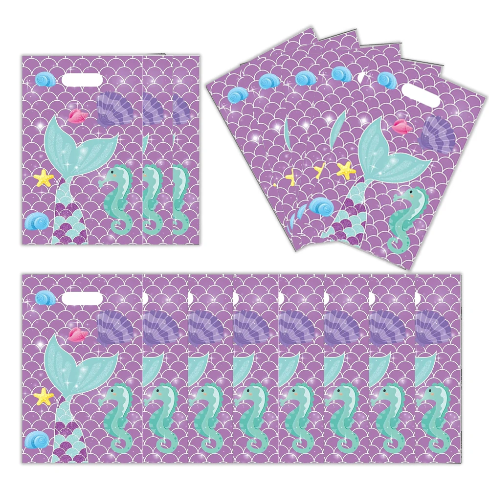 

10pcs/lot Mermaid Theme Girls Kids Favors Birthday Event Party Candy Surprise Disposable Plastic Baby Shower Gifts Loot Bag