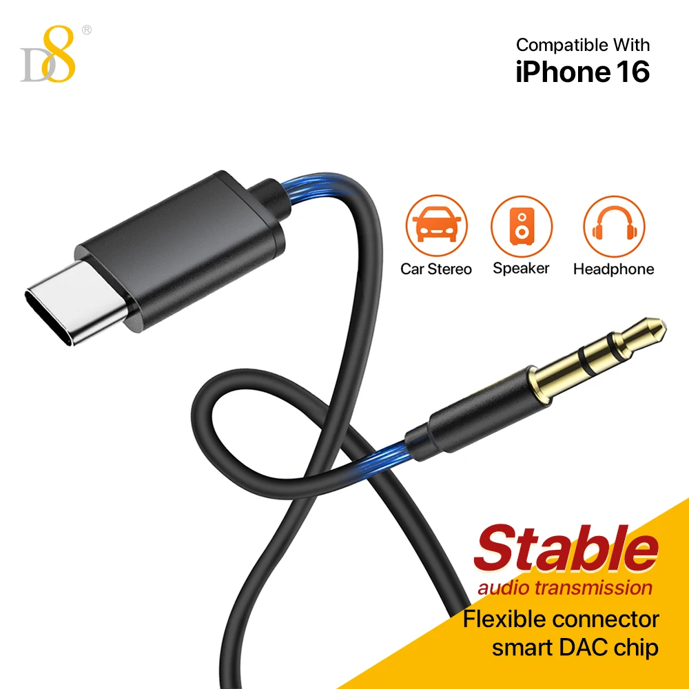 D8 USB-C to 3.5mm Audio Aux Jack cable Data cable Car headphones Compatible with IPhone16 15/16 15Pro /16 15Pro Max/ Galaxy S24