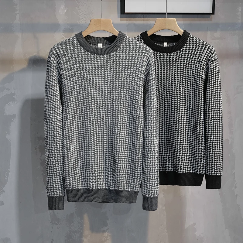 

Осенне-зимний утепленный вязаный свитер с круглым вырезом для мужчин, универсальный, в клетку, с длинным рукавом, приталенный, базовый слой, модный, молодежный стиль