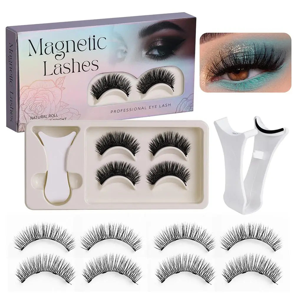 2Pairs Magnetic Eyelashes Kit with Magnetic Tweezers Handmade 3D Natural Look Faux Mink Lashes Easy Wear Eye Makeup Gluee-free