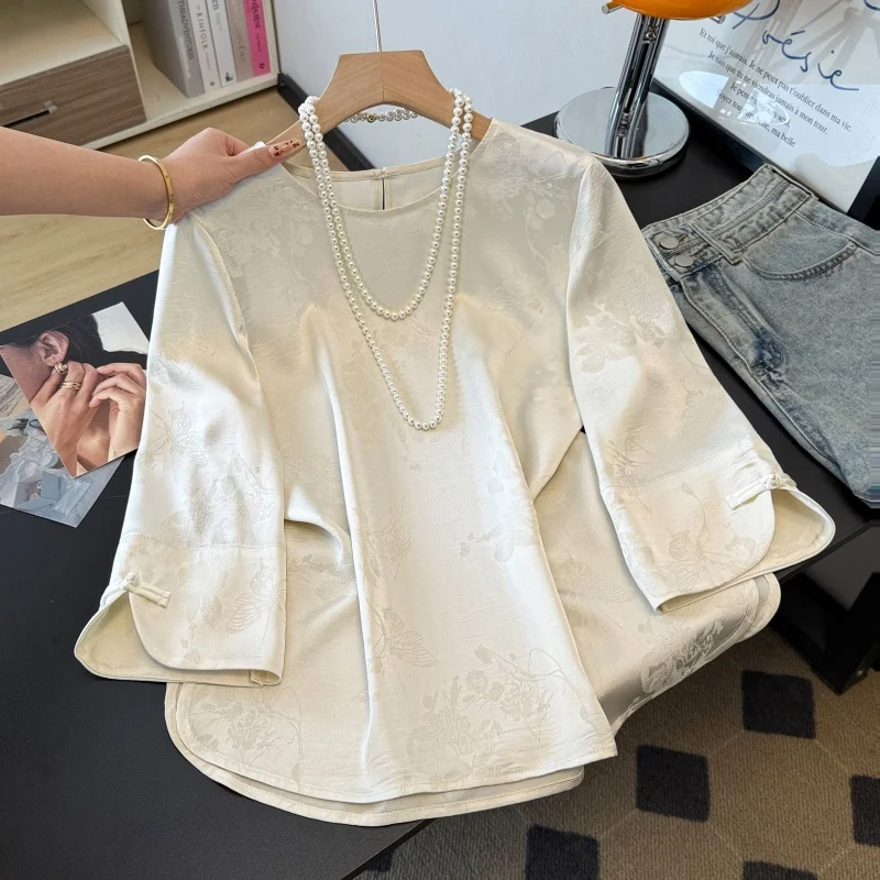 

New Chinese Sle Ele Improved National Sle Long Sve Embroidered Heavy Work round Ne Buttoned Asymmetrical Hem Top
