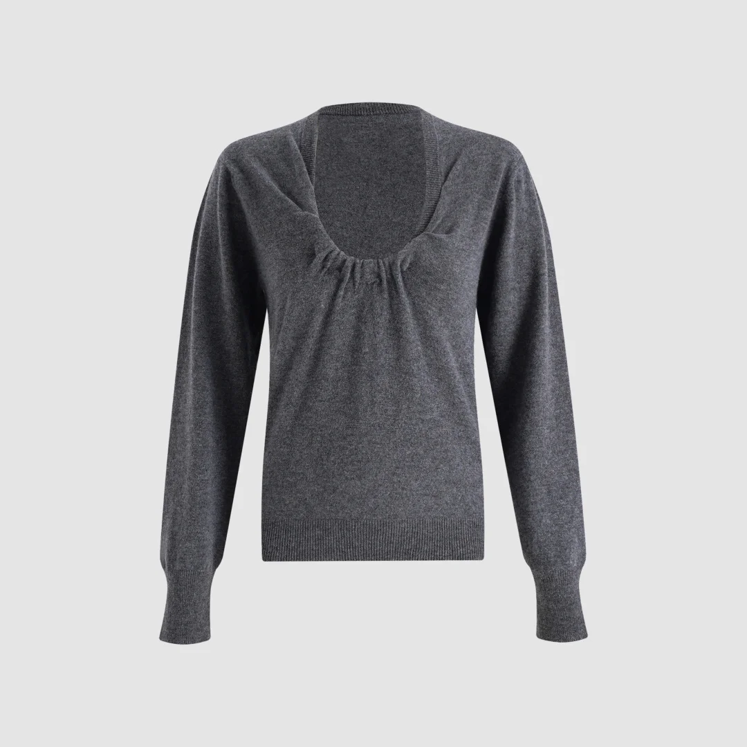 2026 Knotted Round Neck Sweater – Soft Gray Long-Sleeve Pullover with Gathered Detail & Ribbed Cuffs