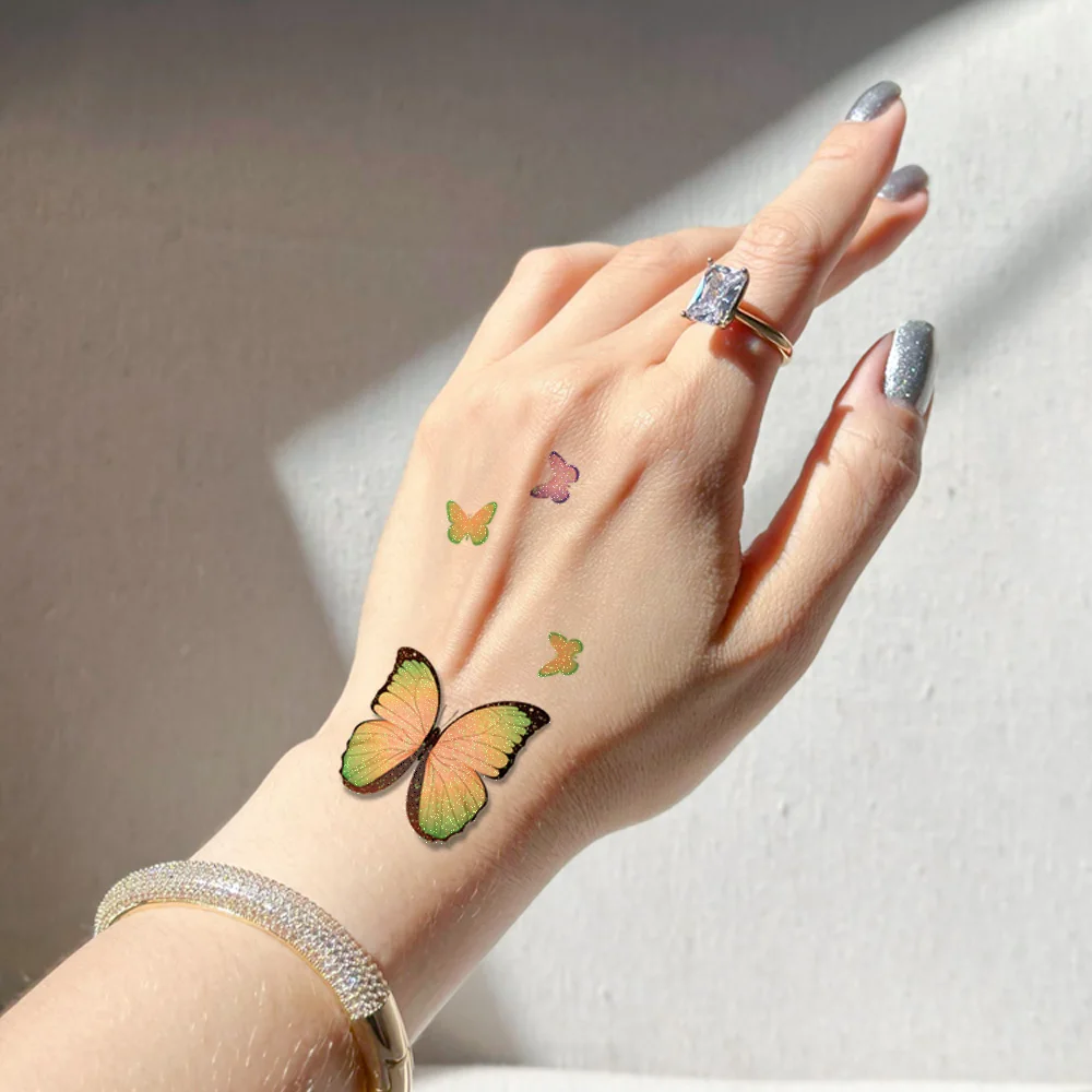6 Sheets Glitter Watercolor Butterfly Temporary Tattoo Stickers, Sparkly Colorful Butterfly Waterproof Fake Body Tattoos, Shiny