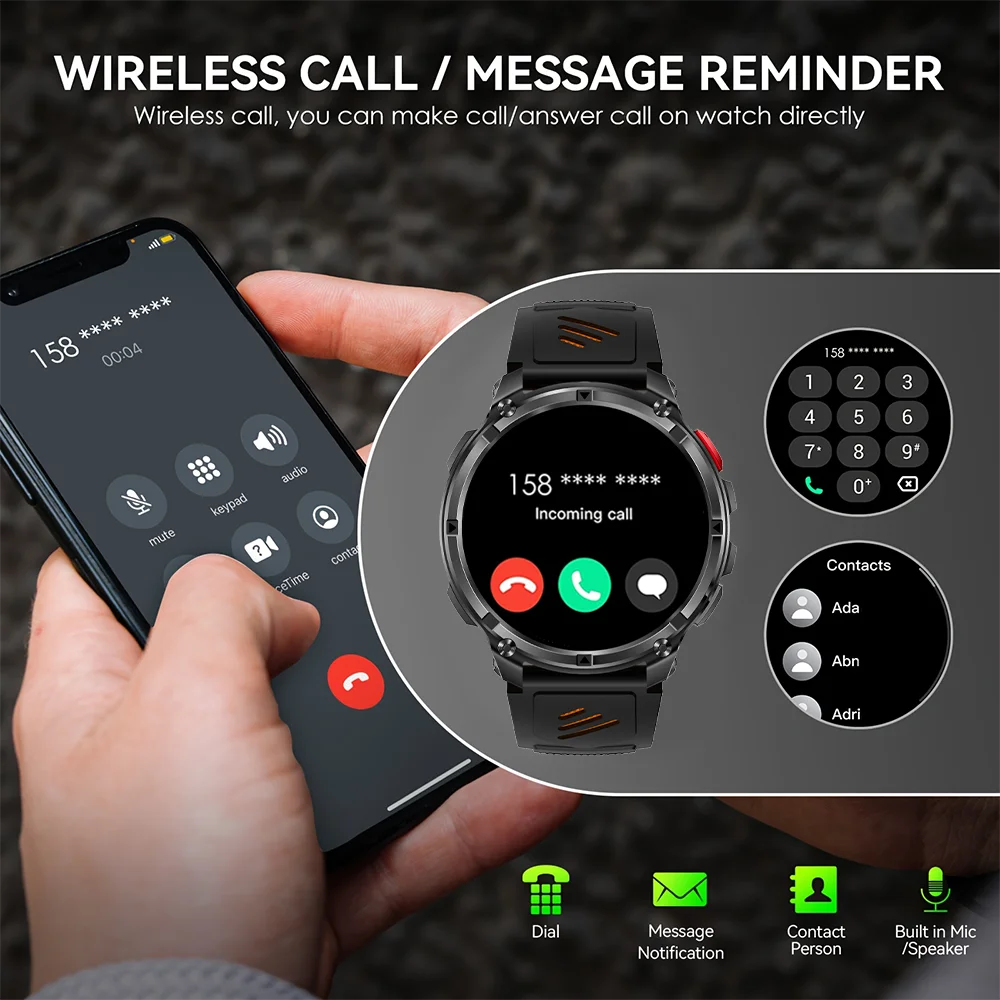 1100mAh بطارية Smartwatch 1.7 بوصة مصباح ليد جيب BT دعوة في الهواء الطلق ساعة ذكية الرجال النساء الرياضة البوصلة مراقبة الصحة مقاوم للماء