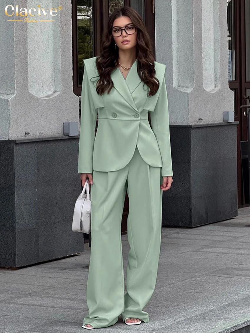 

Clacive Fashion Loose Green Women's Two Pieces Set 2025 Elegant Long Sleeve Shirt With High Waist Wide Pants Set Female Clothing