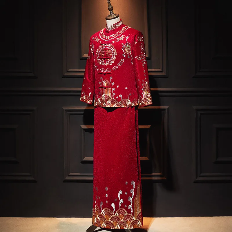 Men's Embroidery Wedding Dress Marry Long Sleeve Qipao Retro Chinese Style Cheongsam Tang Suit