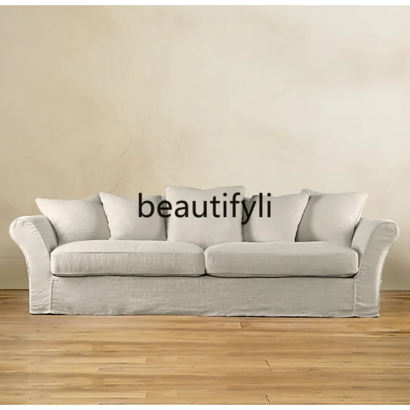 

Nordic Modern Fabric Sofa French Country Retro Solid Wood American Simple Linen Sofa