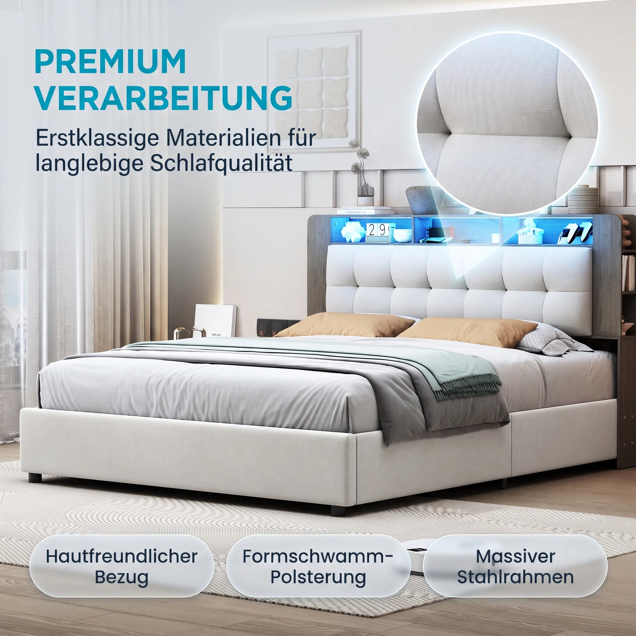 Letto matrimoniale Comanlai in velluto beige con contenitore, 140x200 cm, con testiera dotata di vani aperti per riporre oggetti, letto da camera da letto in stile moderno.