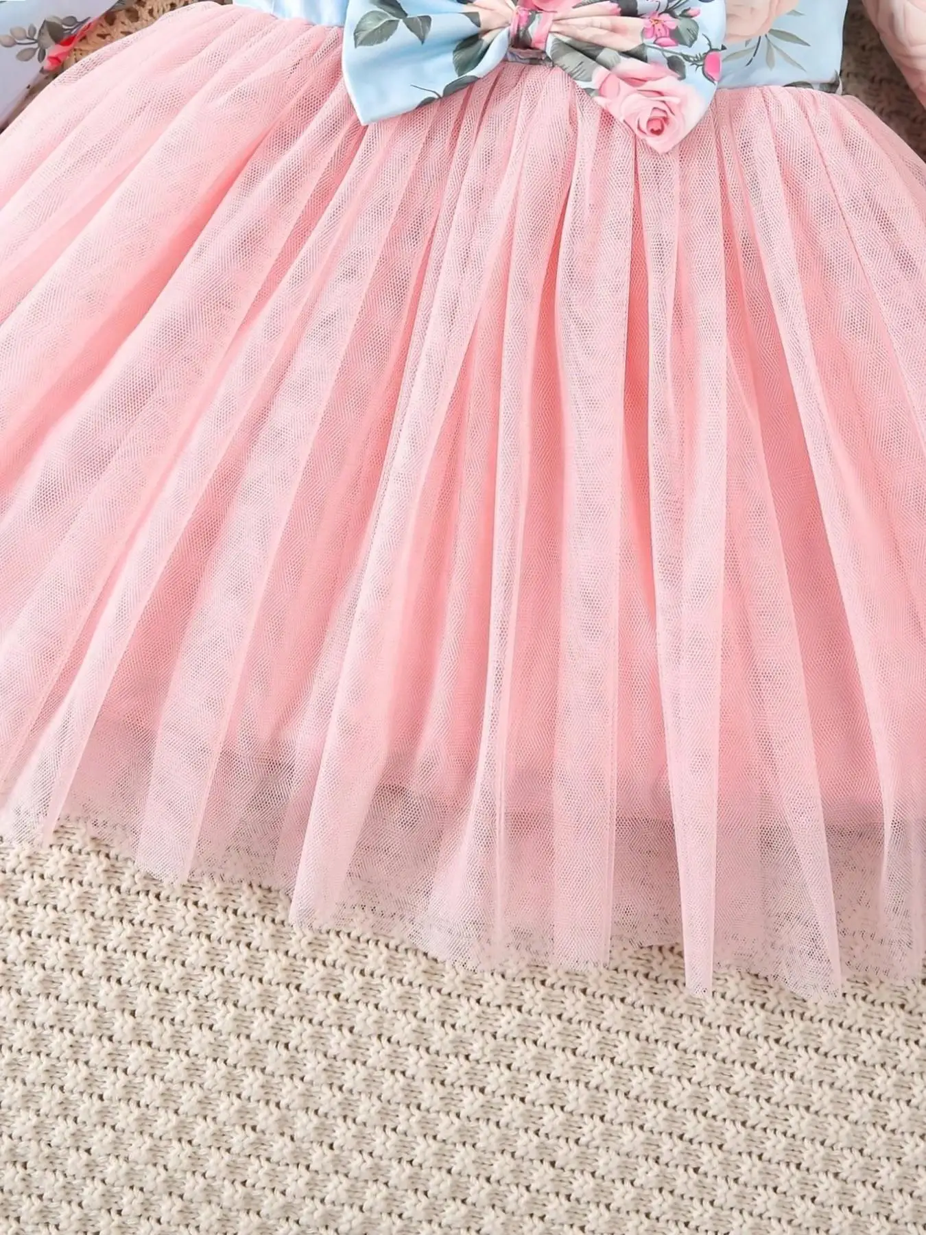 Kinder Vintage Blumen-Tutu-Kleid Langarm Hellblaues Oberteil Tüllrock Große Schleife an der Taille Bequeme Passform Alltagskleidung – Detail 8