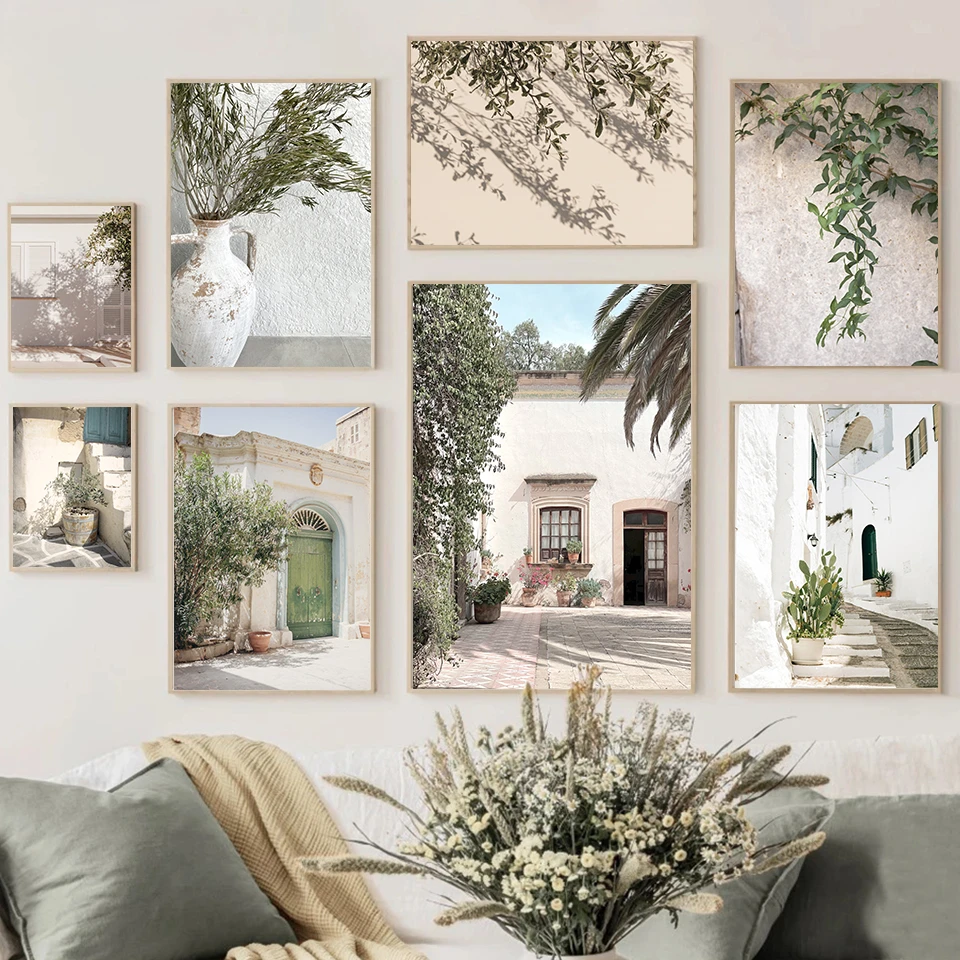 Scandinavian Simple Bohemian Wall Art Spanish Architecture Green Leaves Reeds HD Canvas Painting Poster Print Home Decor Gift view 2