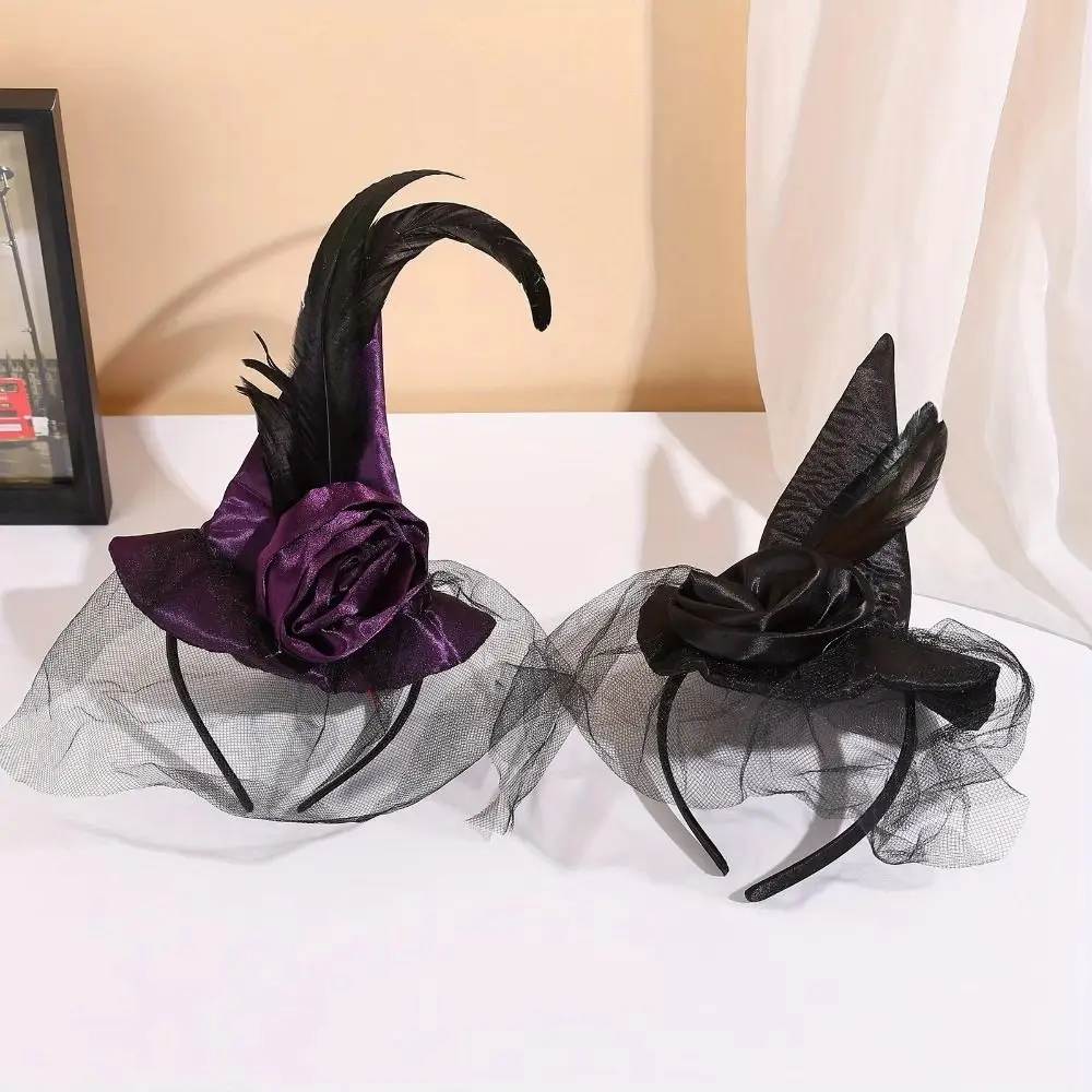 Portable Folds Halloween Witch Hat Satins Cosplay Photo Props Retro Veil Witch Hat Feather Design Black Wizard Cap Parties