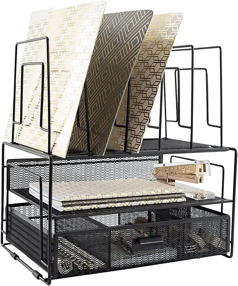 

Black Desk Organizer with File Sorters & Drawer | Metal Mesh Workspace Storage Rack | Desktop Organizer for Office Suppl