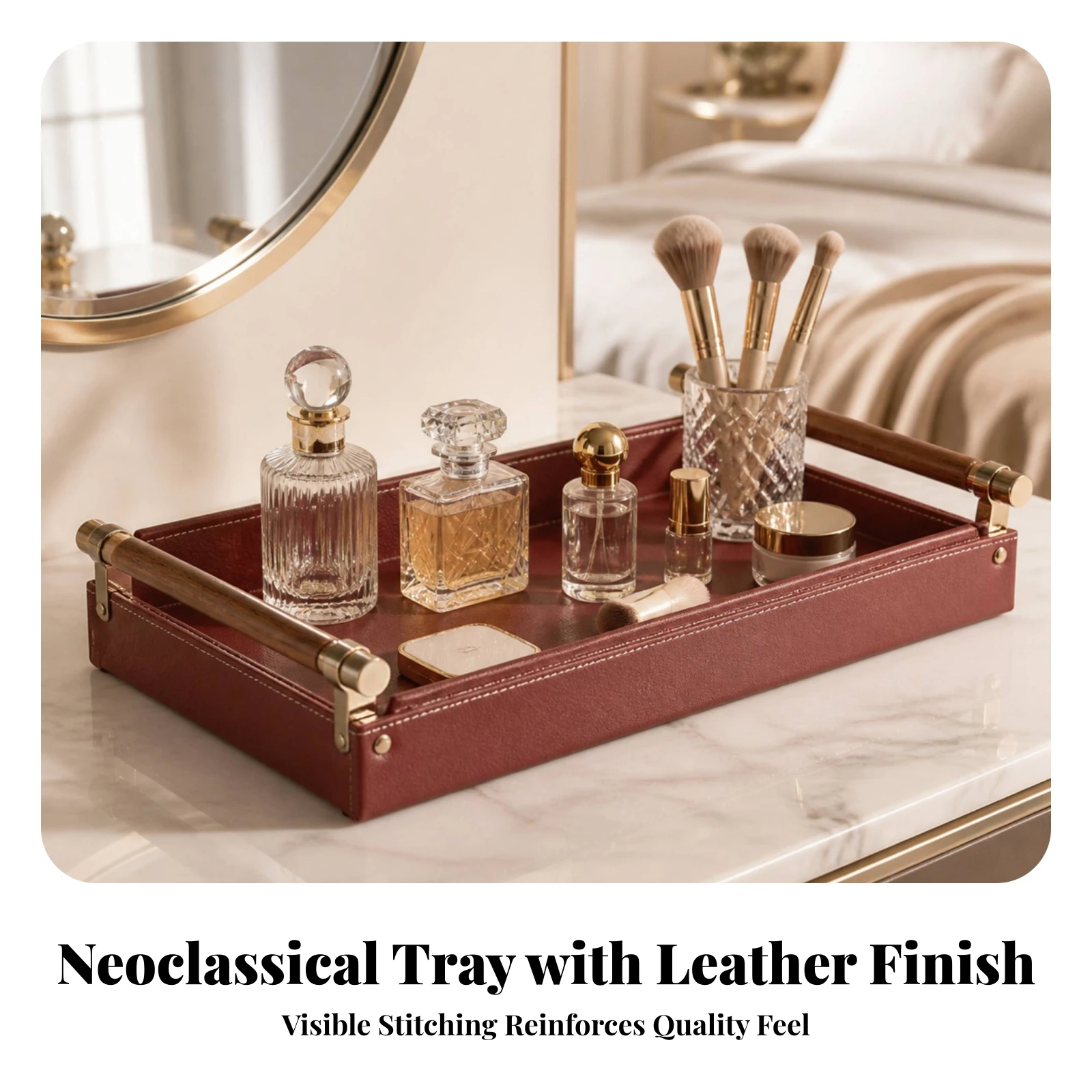 Rectangular Storage Tray Structured Semi-PU Leather Organizer Tray Multi-Purpose Sturdy for Desk, Dressing Area